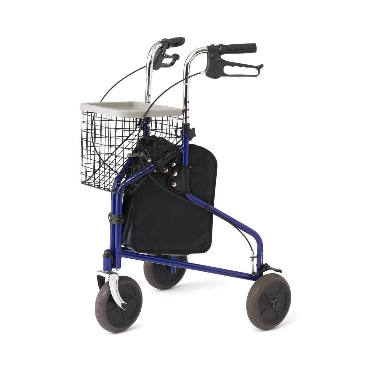 Three-wheel rollator with blue steel frame, hand brakes, wire basket, black bag, and three large wheels on white background