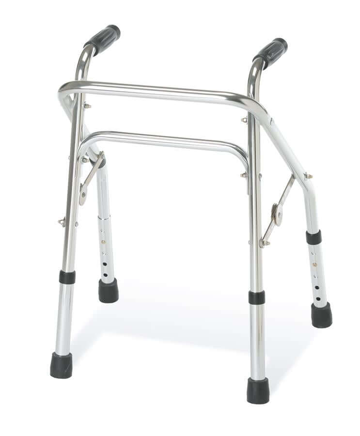 Todler folding walker with aluminum frame, gray hand grips, four rubber-tipped legs, and push-button height adjustment