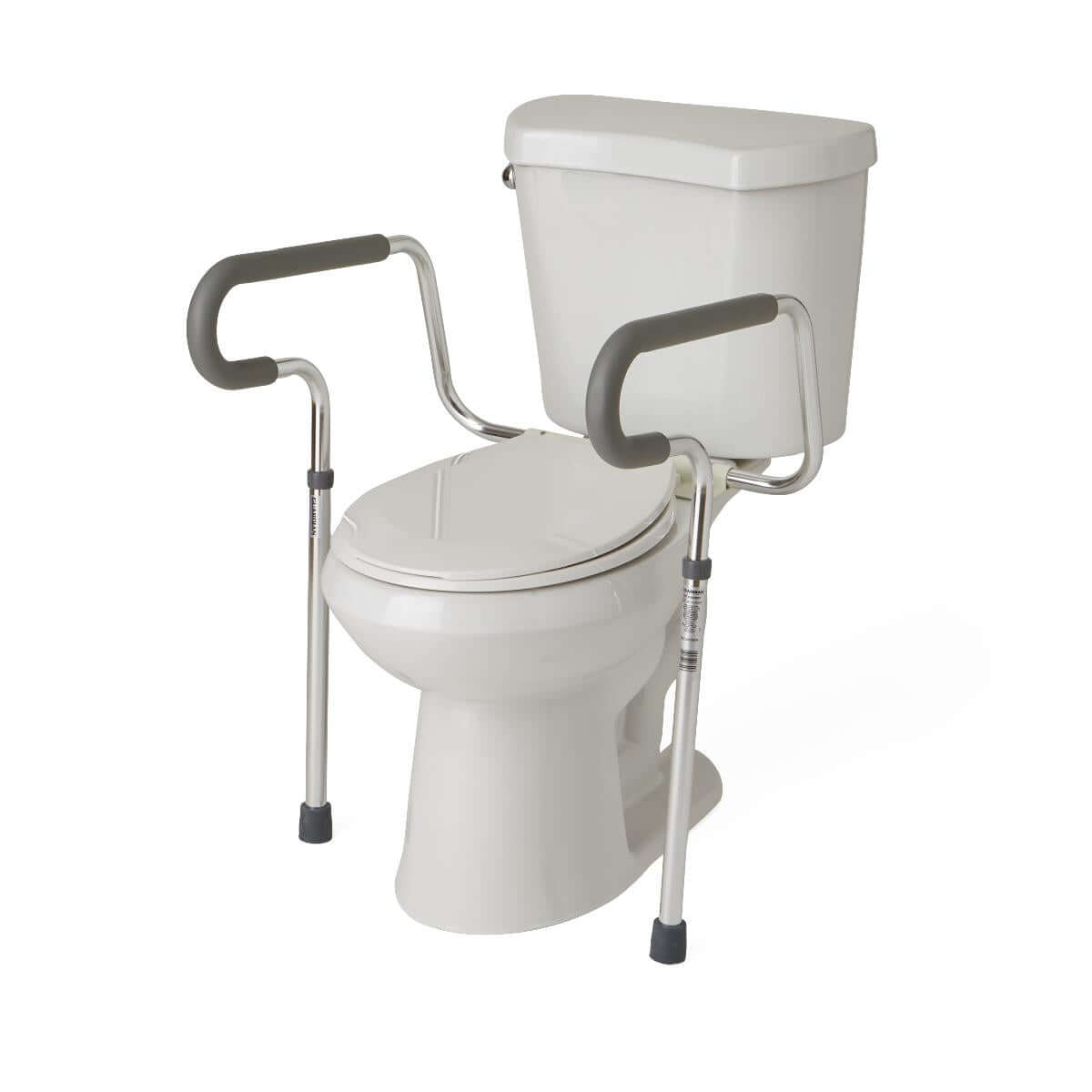 Toilet safety frame with padded grab bars and adjustable floor legs installed around a standard white toilet