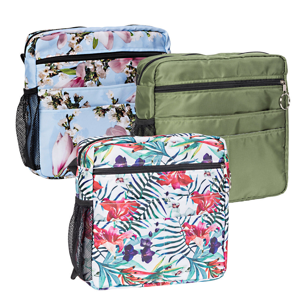Walker tote bags in three styles: blue floral, solid olive green, and tropical floral print, each with zip pockets and mesh