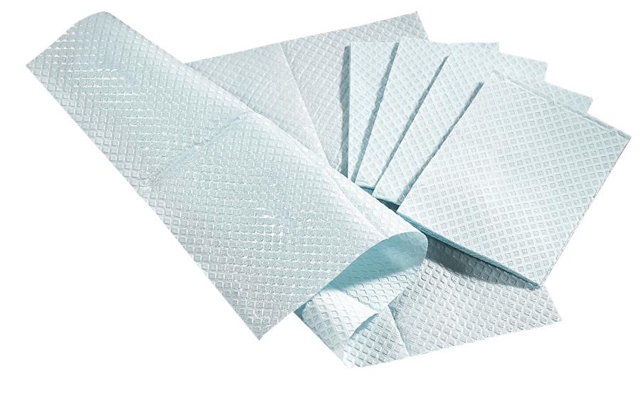 Professional disposable tissue towels in white with embossed diamond texture, shown unfolded and fanned out, 3-ply