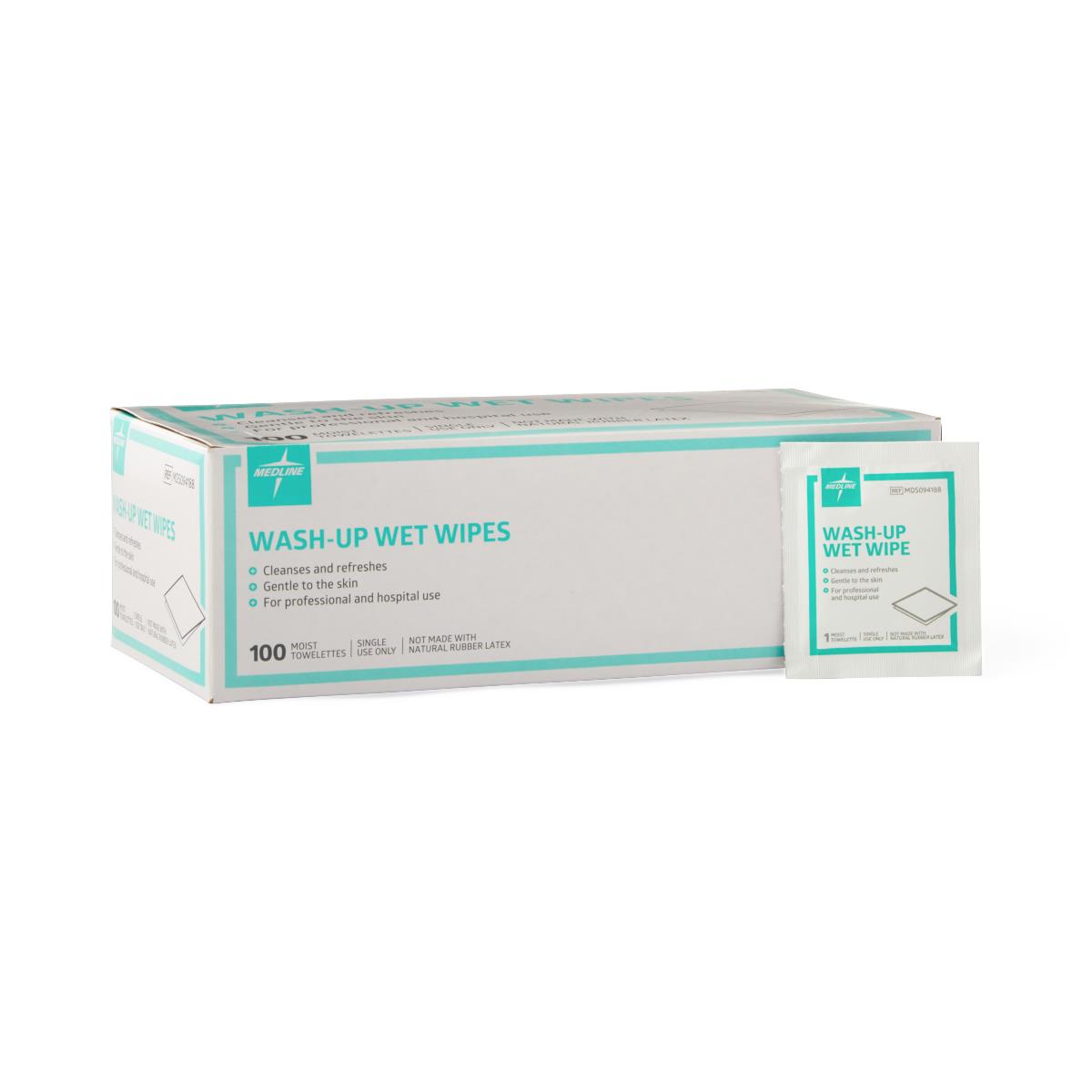Wash-up wet wipes box of 100 moist towelettes with teal and white packaging, shown alongside a single individually wrapped