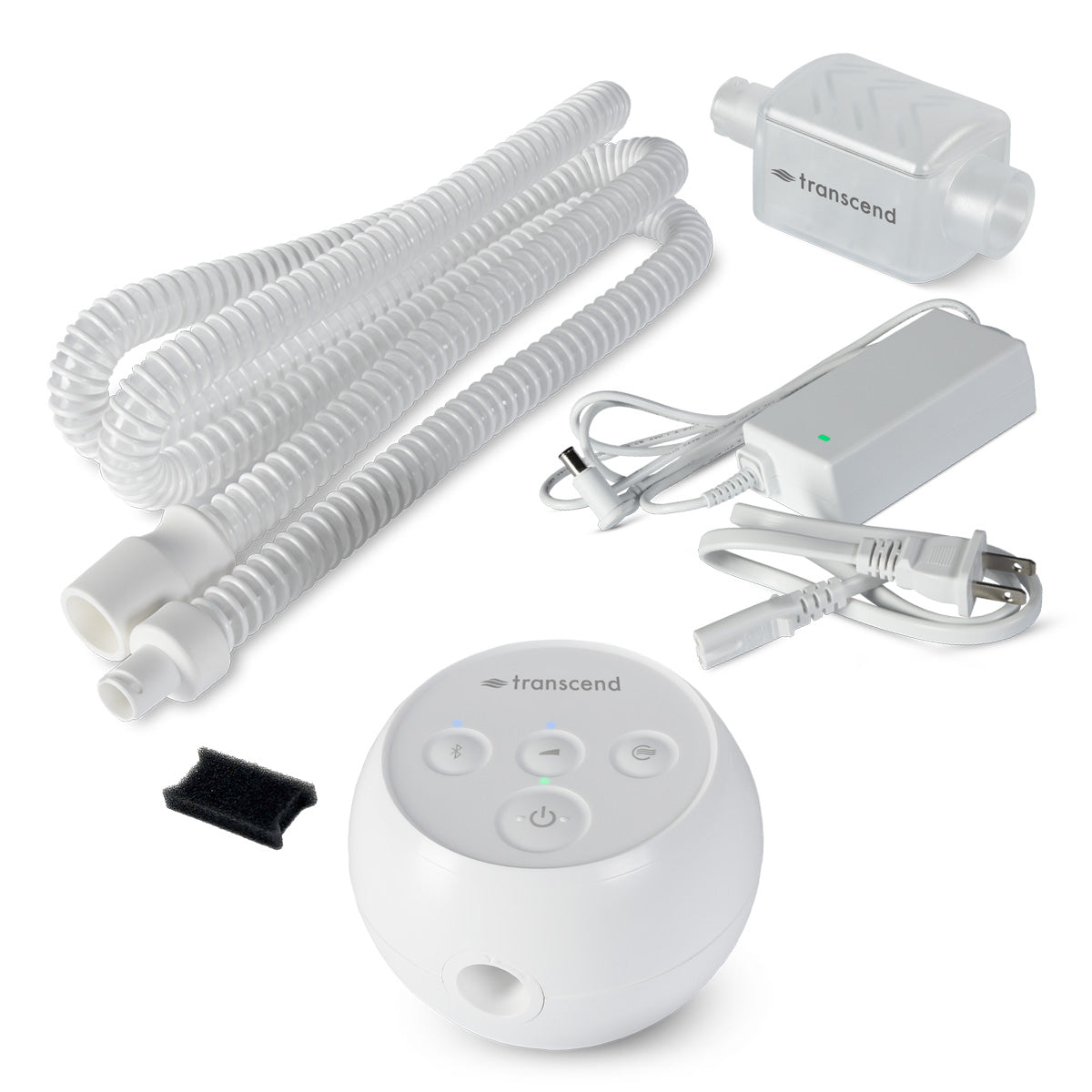 Transcend Micro Auto CPAP machine kit with round white device, corrugated tubing, humidifier attachment, power supply, and