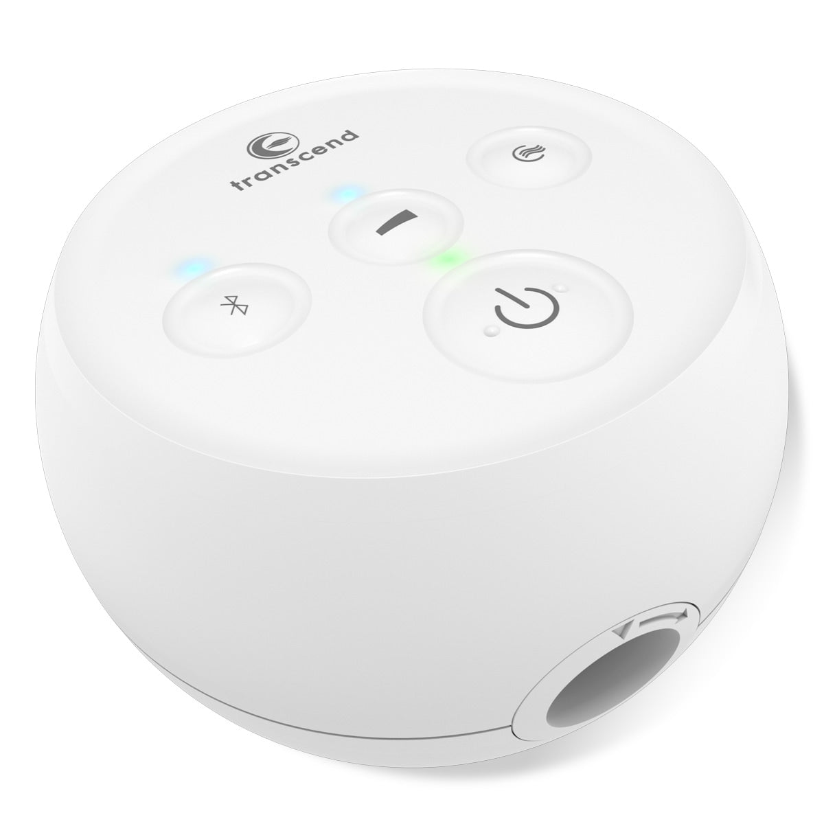 Transcend Micro Auto CPAP machine, compact white round unit with power button, Bluetooth button, and LED indicators on top
