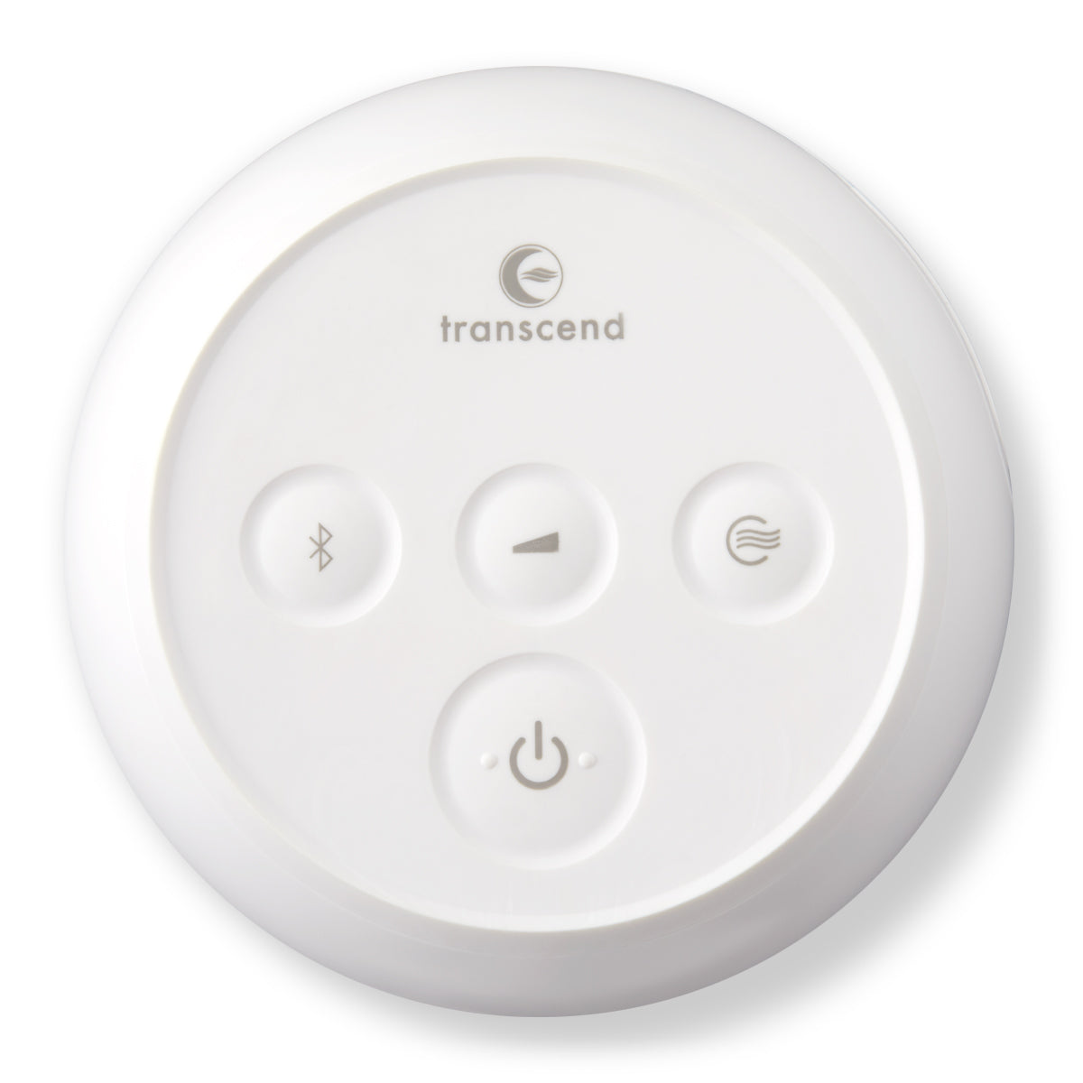 Transcend CPAP remote control, round white design with Bluetooth, power, and airflow buttons on white background