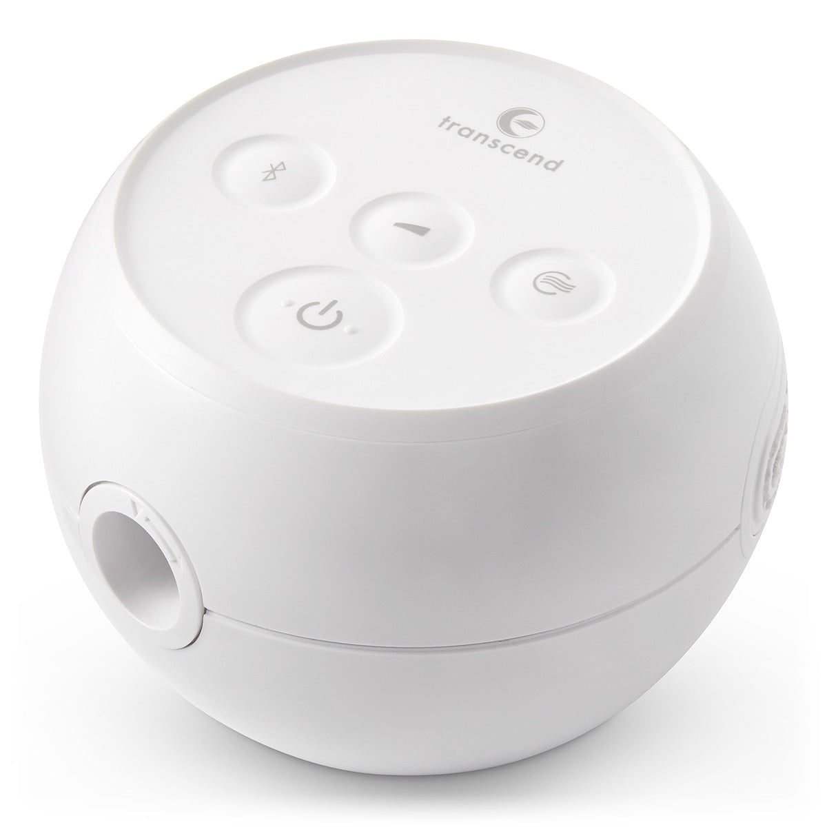 Transcend Micro Auto CPAP machine in white spherical design with power, Bluetooth, and settings buttons on top