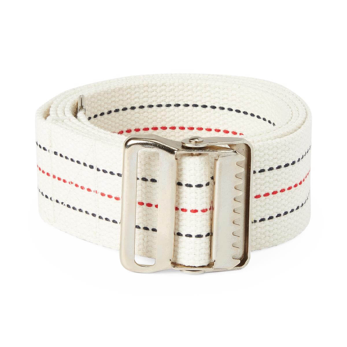 Gait transfer belt coiled flat, white cotton webbing with red and black dotted stripes and a metal buckle closure