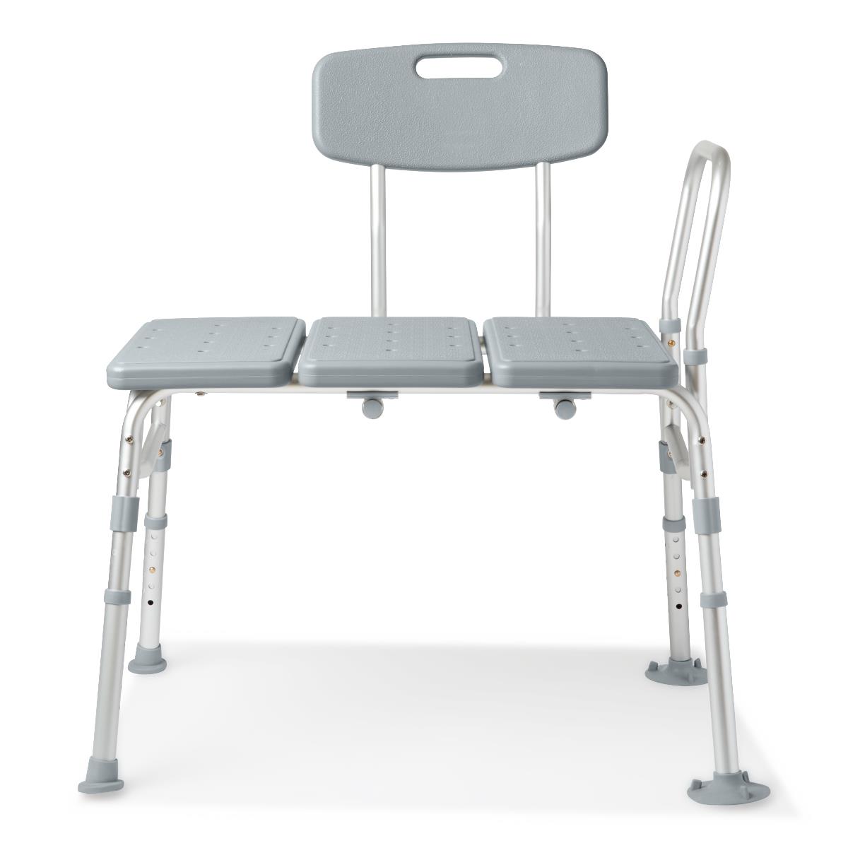 Transfer bench with gray plastic segmented seat, backrest with carry handle, one armrest, and adjustable aluminum legs with
