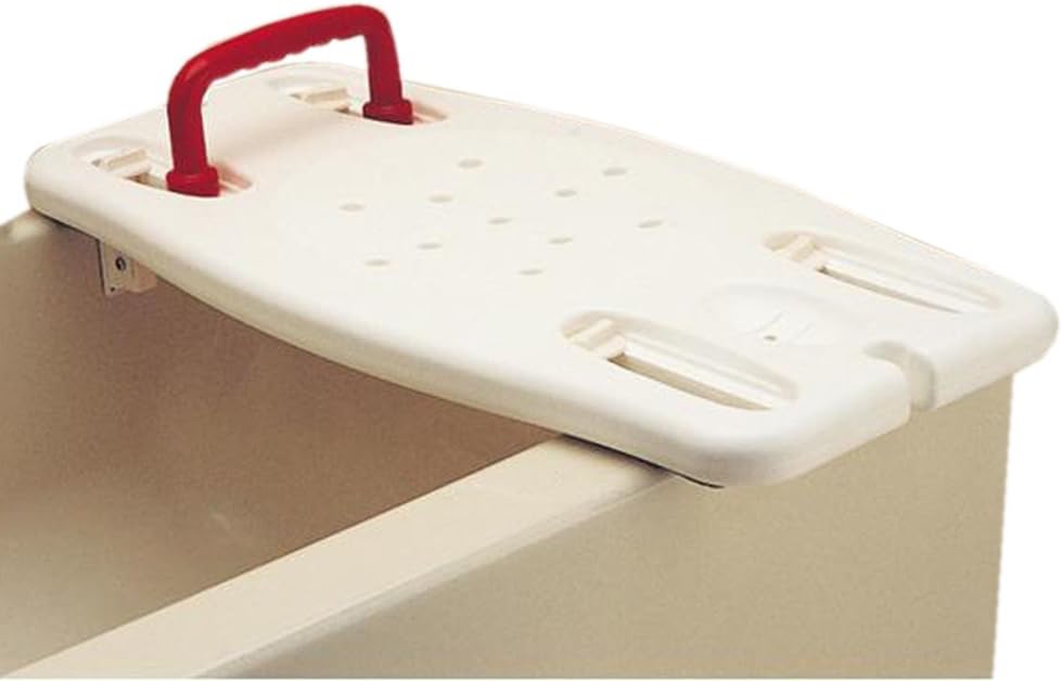 Portable shower bench with white perforated seat and red handle, resting across the walls of a bathtub
