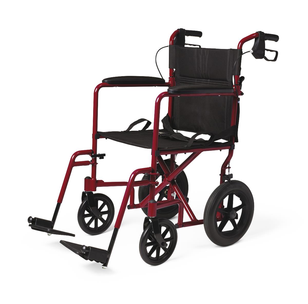 Transport chair with red aluminum frame, black seat and back, hand brakes, footrests, and 12-inch rear wheels