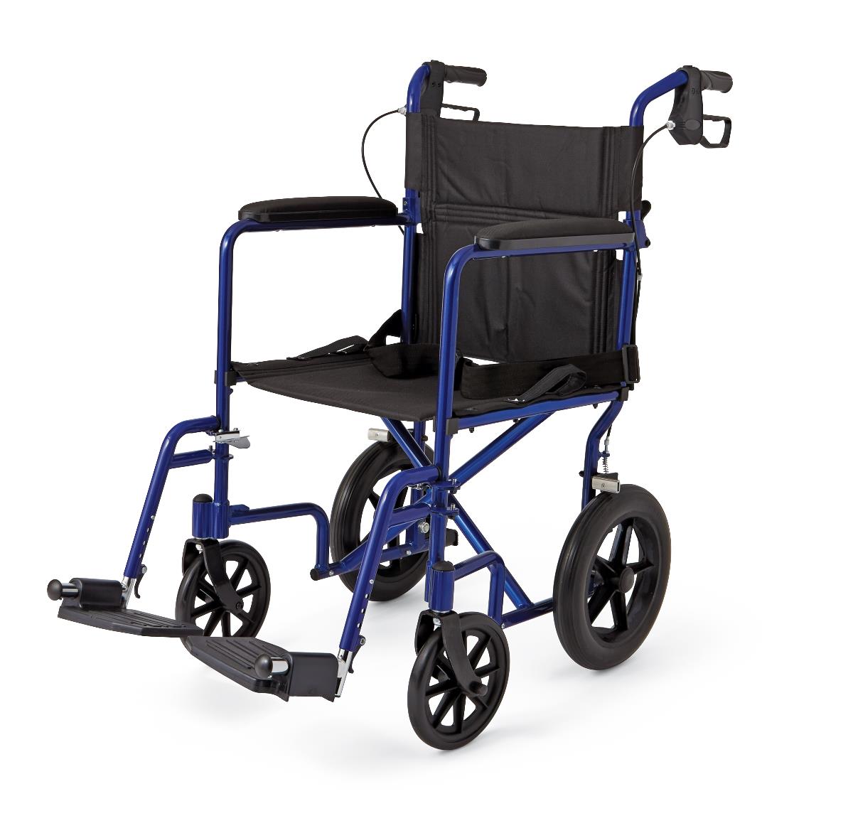 Transport wheelchair with blue aluminum frame, black upholstery, 12-inch rear wheels, footrests, and attendant hand brakes