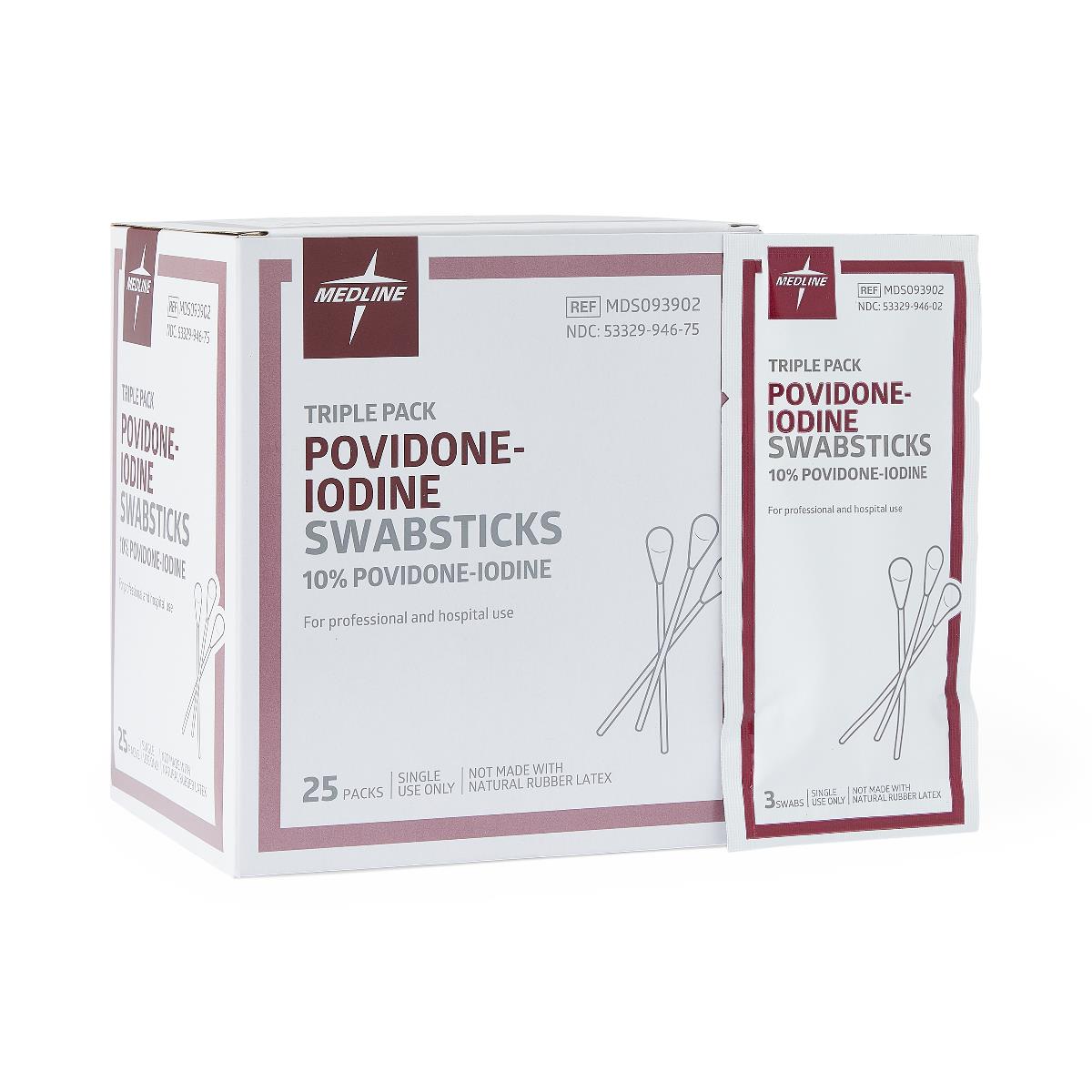 Povidone-iodine swabsticks box of 25 triple-packs shown alongside a single foil packet, white and burgundy packaging