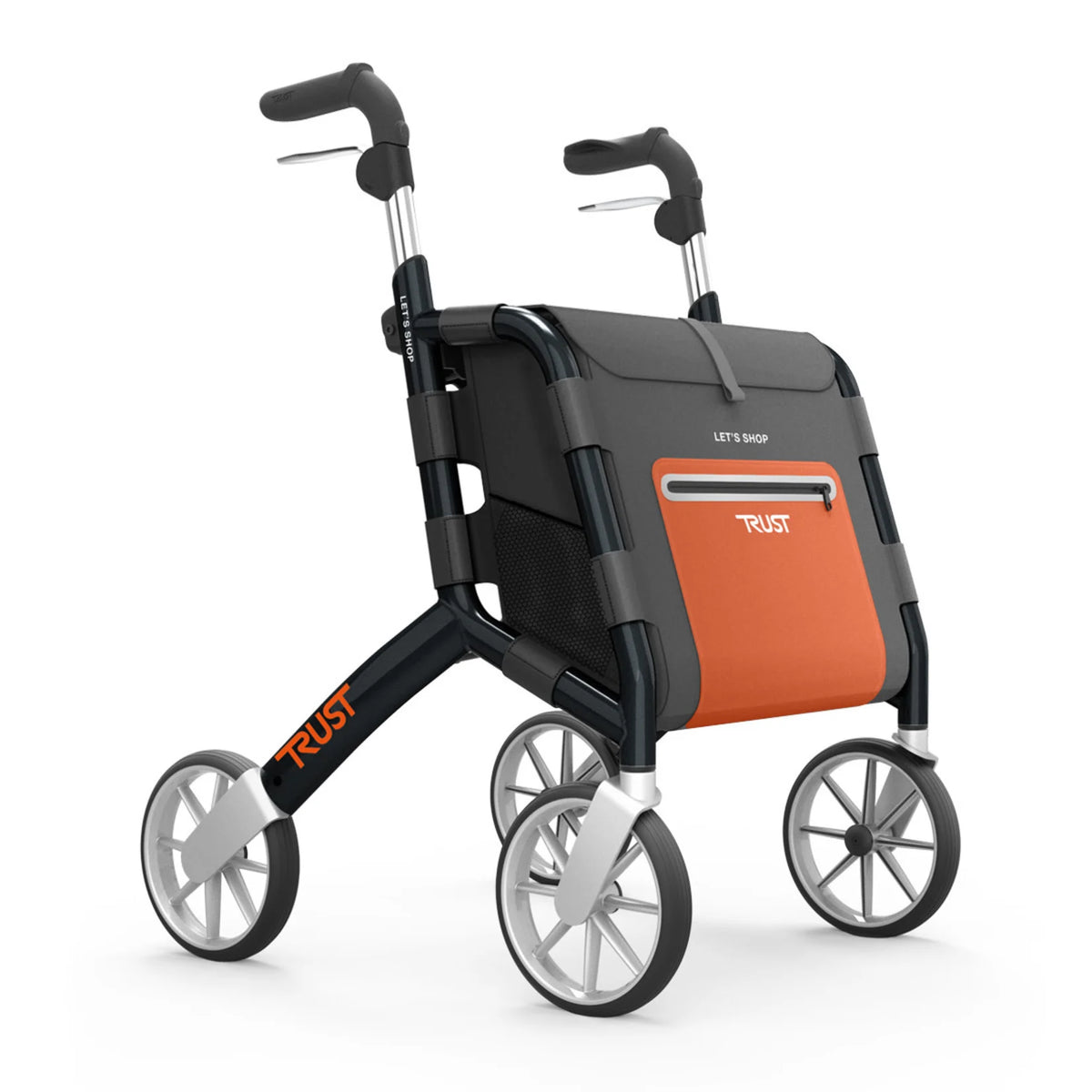 Rollator walker with four large wheels, black frame, ergonomic handles, and a gray and orange zippered shopping bag