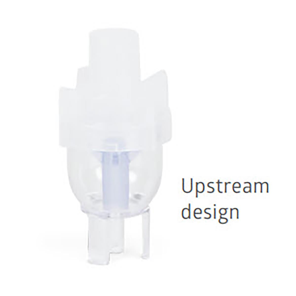 Nebulizer kit medicine cup with upstream design, clear plastic chamber and blue internal jet, T-style connector base