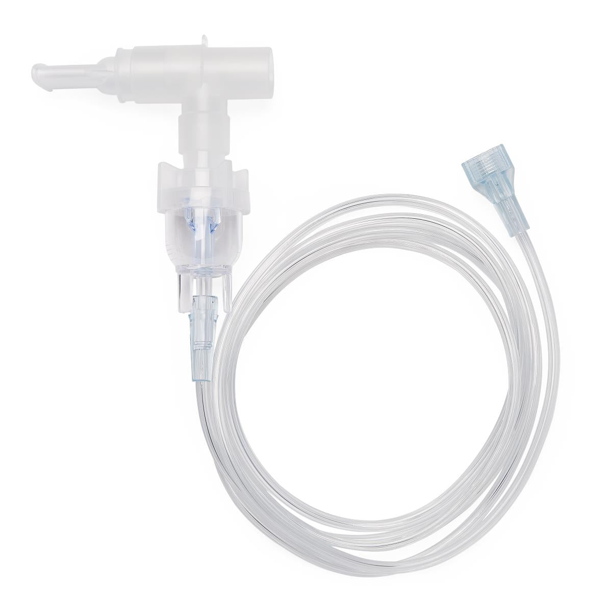 Nebulizer kit with T-style mouthpiece, clear medication cup, and coiled clear tubing with blue connector tip on white