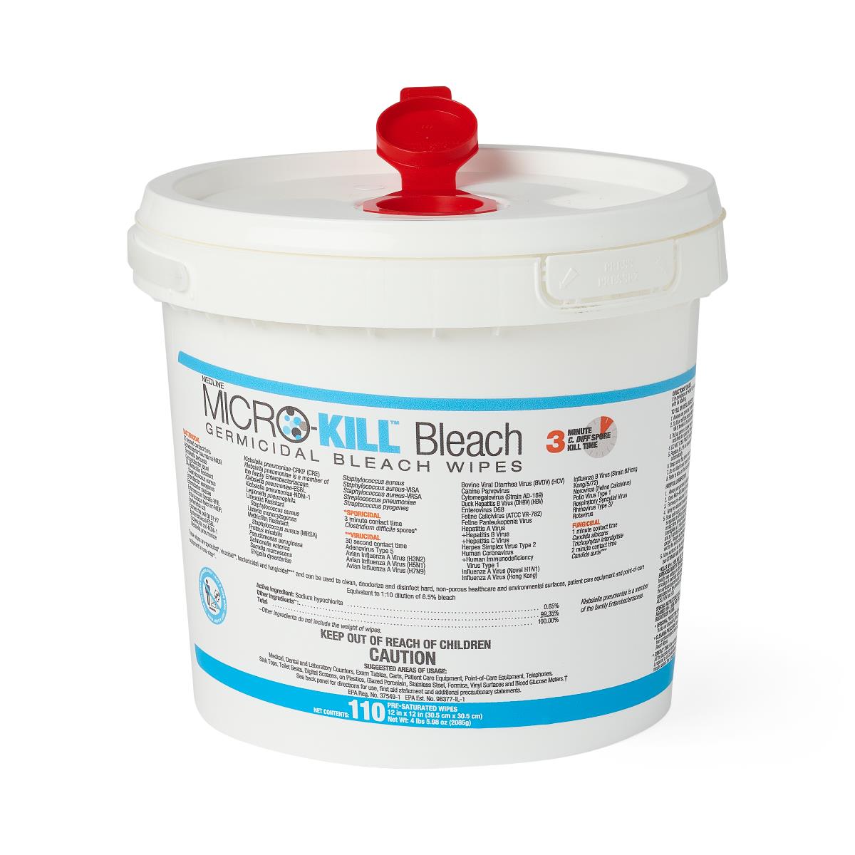 Germicidal bleach wipes in a large white bucket with red flip-top lid and Micro-Kill label, containing 110 pre-saturated