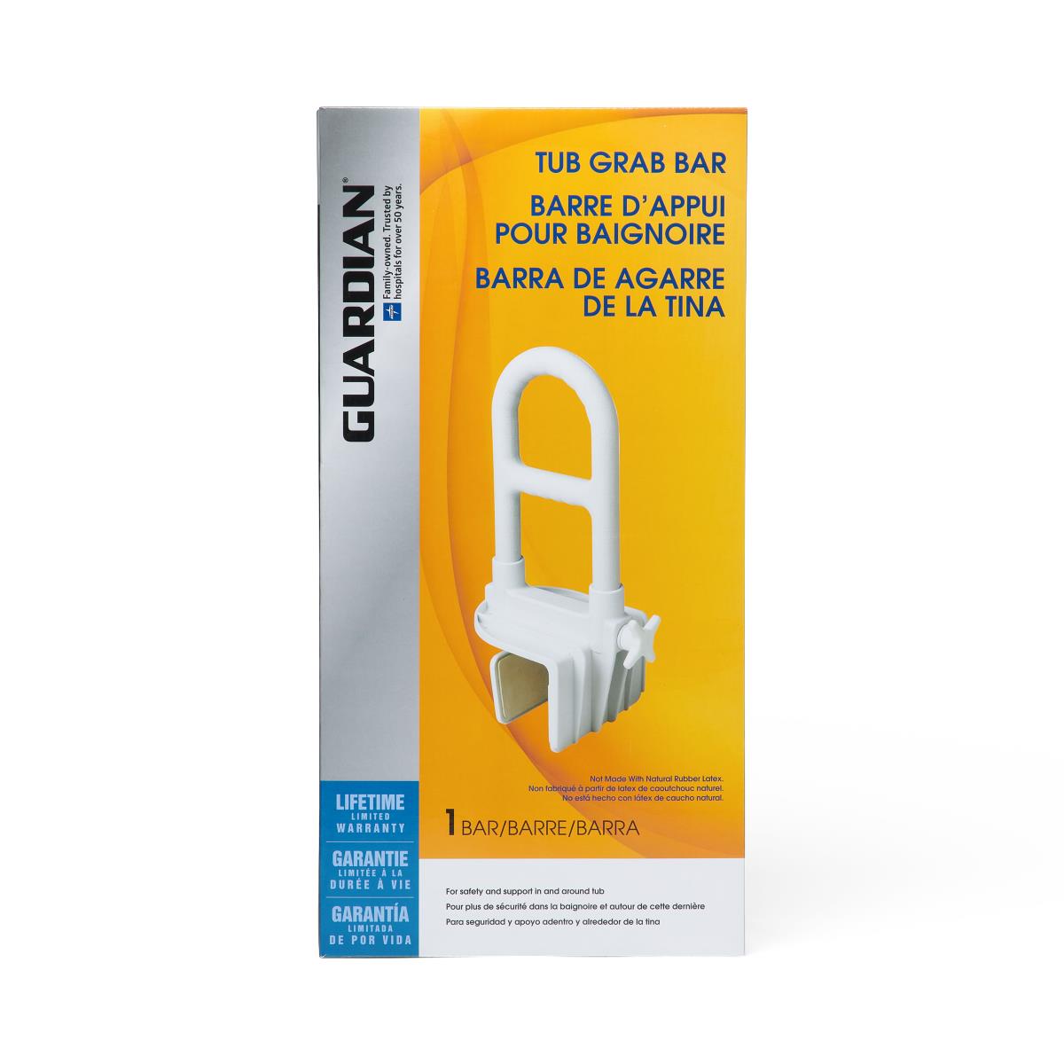 Guardian tub grab bar in orange and silver retail box showing white clamp-on bar with U-shaped handle