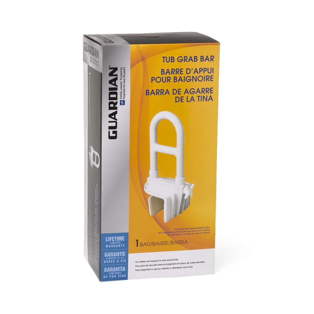 Guardian tub grab bar in yellow and gray retail packaging with multilingual text and lifetime warranty label