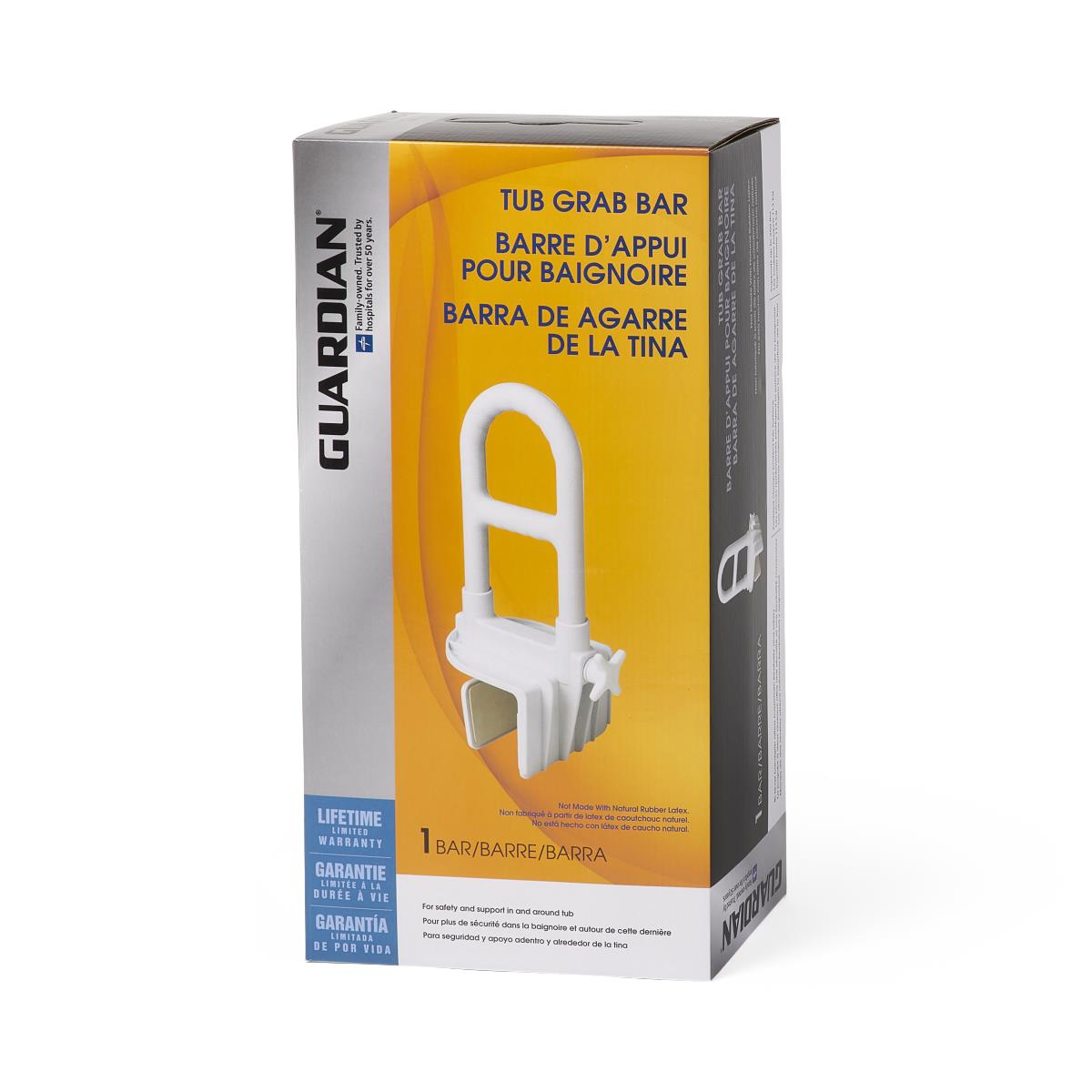 Tub grab bar in Guardian-branded yellow and gray retail packaging showing a white U-shaped bar with clamp-on mounting