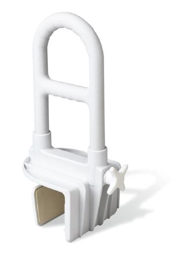 Bathtub grab bar with bi-level handle design, white clamp-on mount with tightening knob, isolated on white background
