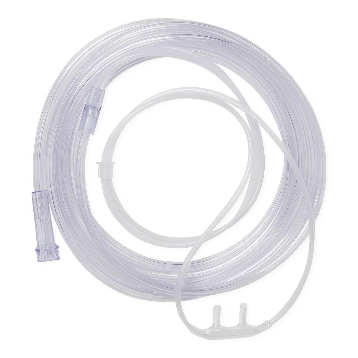 Nasal cannula with soft-touch clear crush-resistant tubing coiled on white background, with dual nasal prongs visible