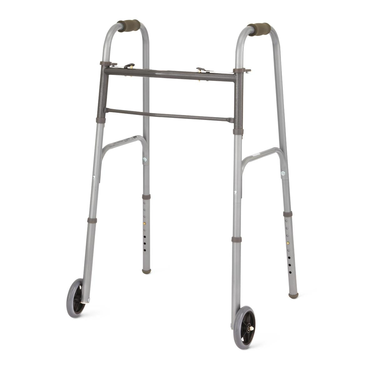Folding walker with two front wheels, gray aluminum frame, dual push-button fold mechanism, padded handgrips, and rubber