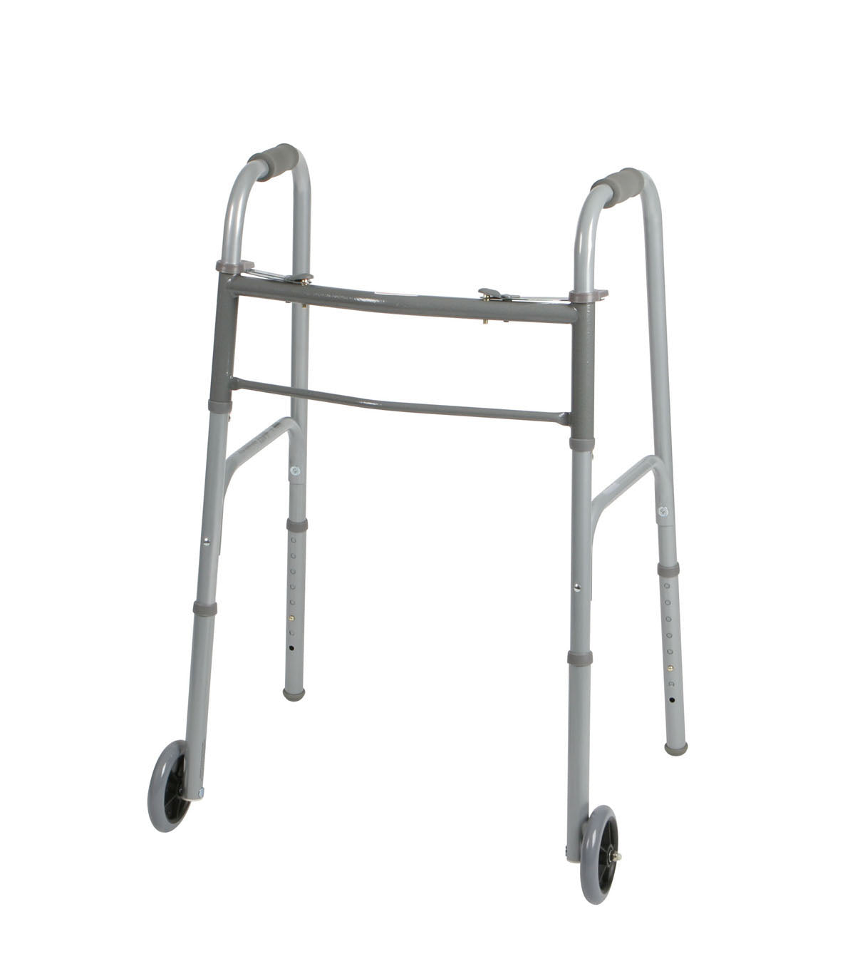 Folding walker with two push-button releases, gray aluminum frame, dual front wheels, and height-adjustable legs