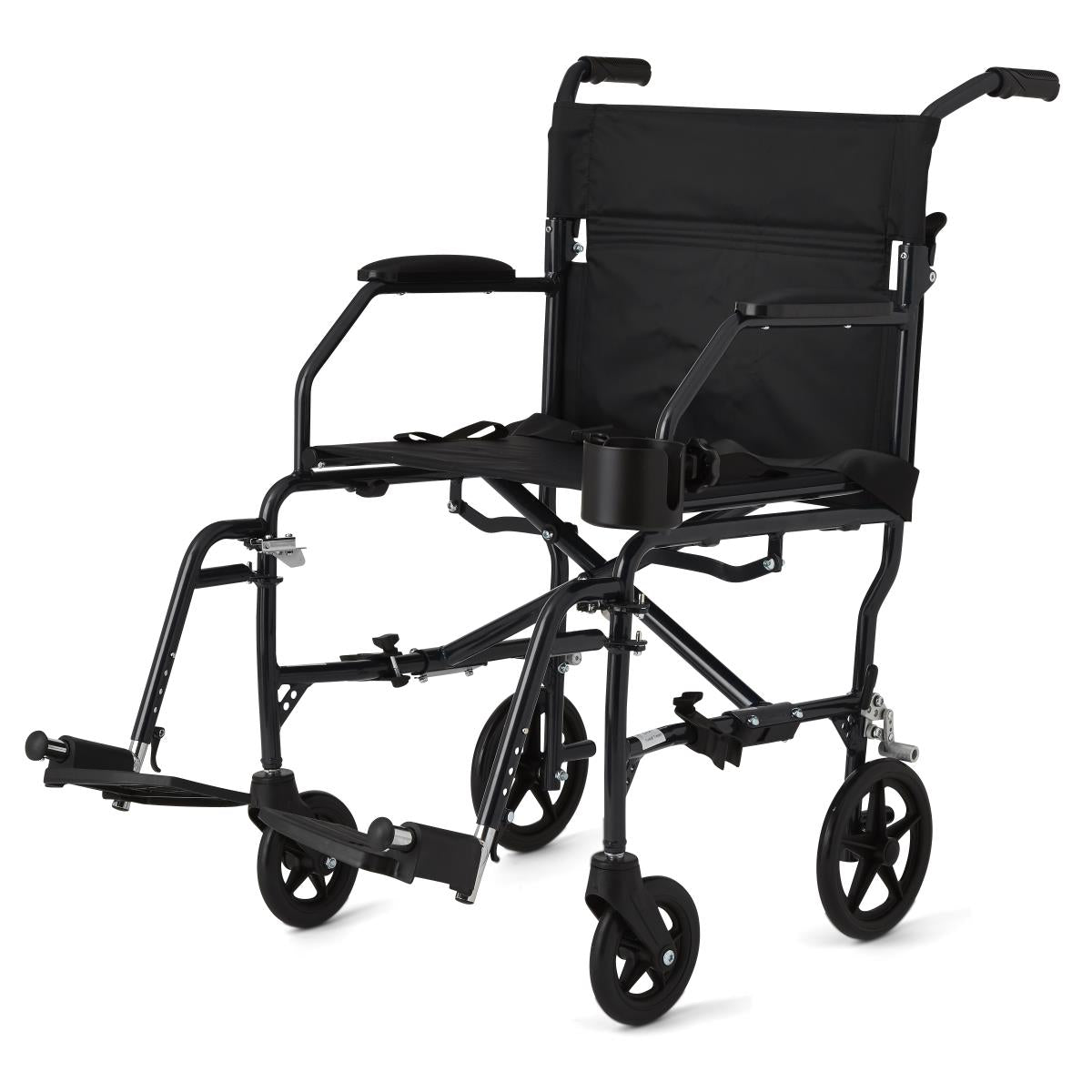 Transport chair with black steel frame, padded armrests, swing-away footrests, cup holder, and small rear wheels on white