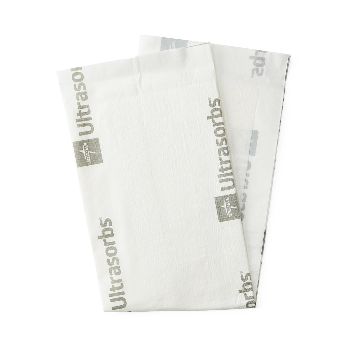 Ultrasorbs AP absorbent dry pads by Medline, two white rectangular pads stacked on a white background