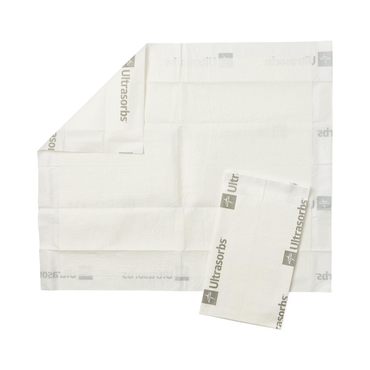 Ultrasorbs AP absorbent dry pads shown unfolded and folded, white with gray branded text border on white background