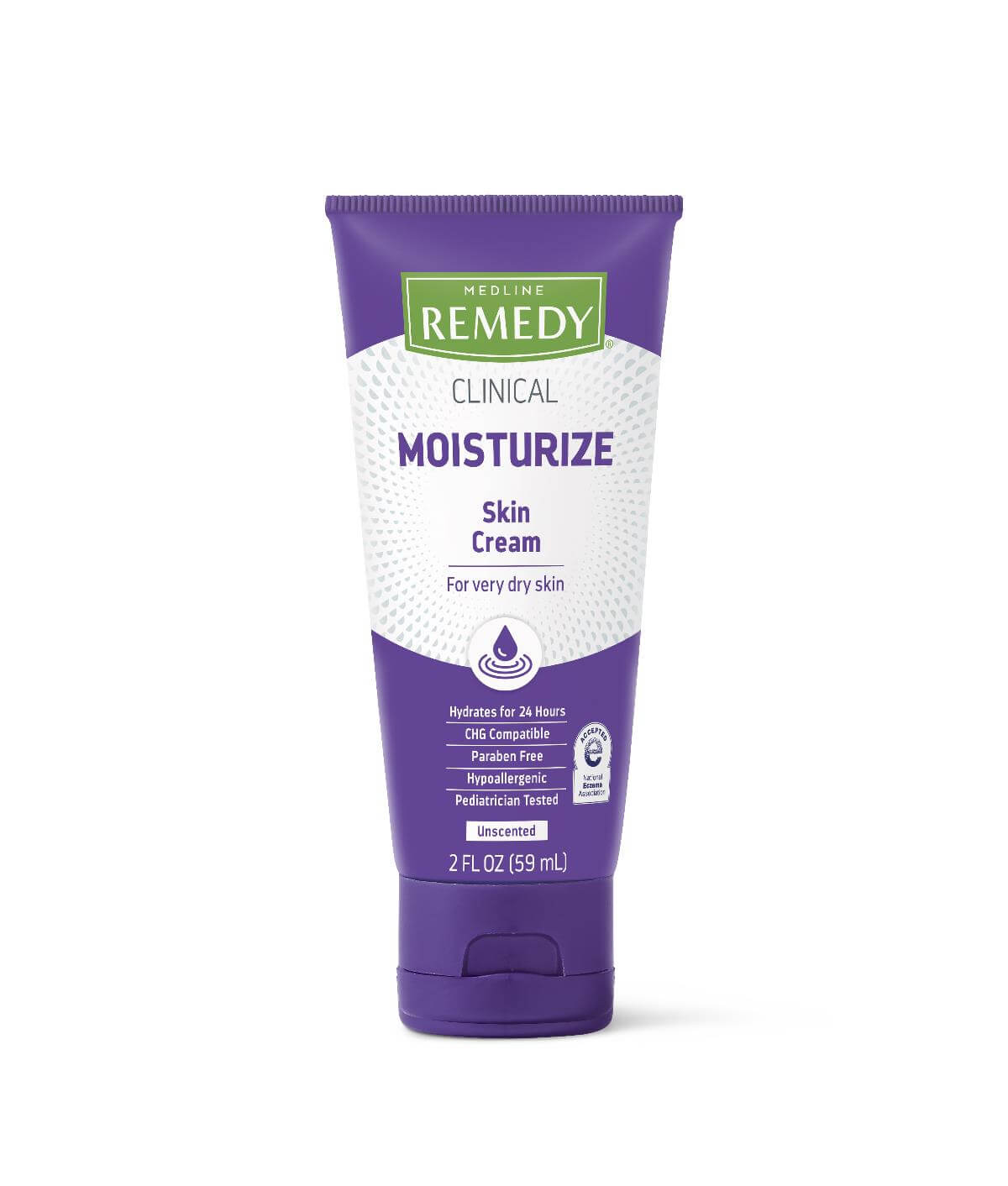 Medline Remedy Clinical Moisturize Skin Cream in a purple squeeze tube, unscented, 2 fl oz