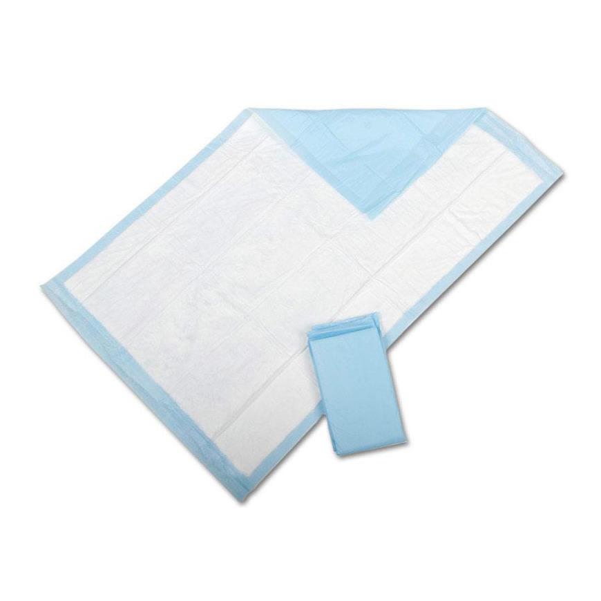 Disposable underpad unfolded showing white quilted top and light blue backing, with a small folded pad beside it