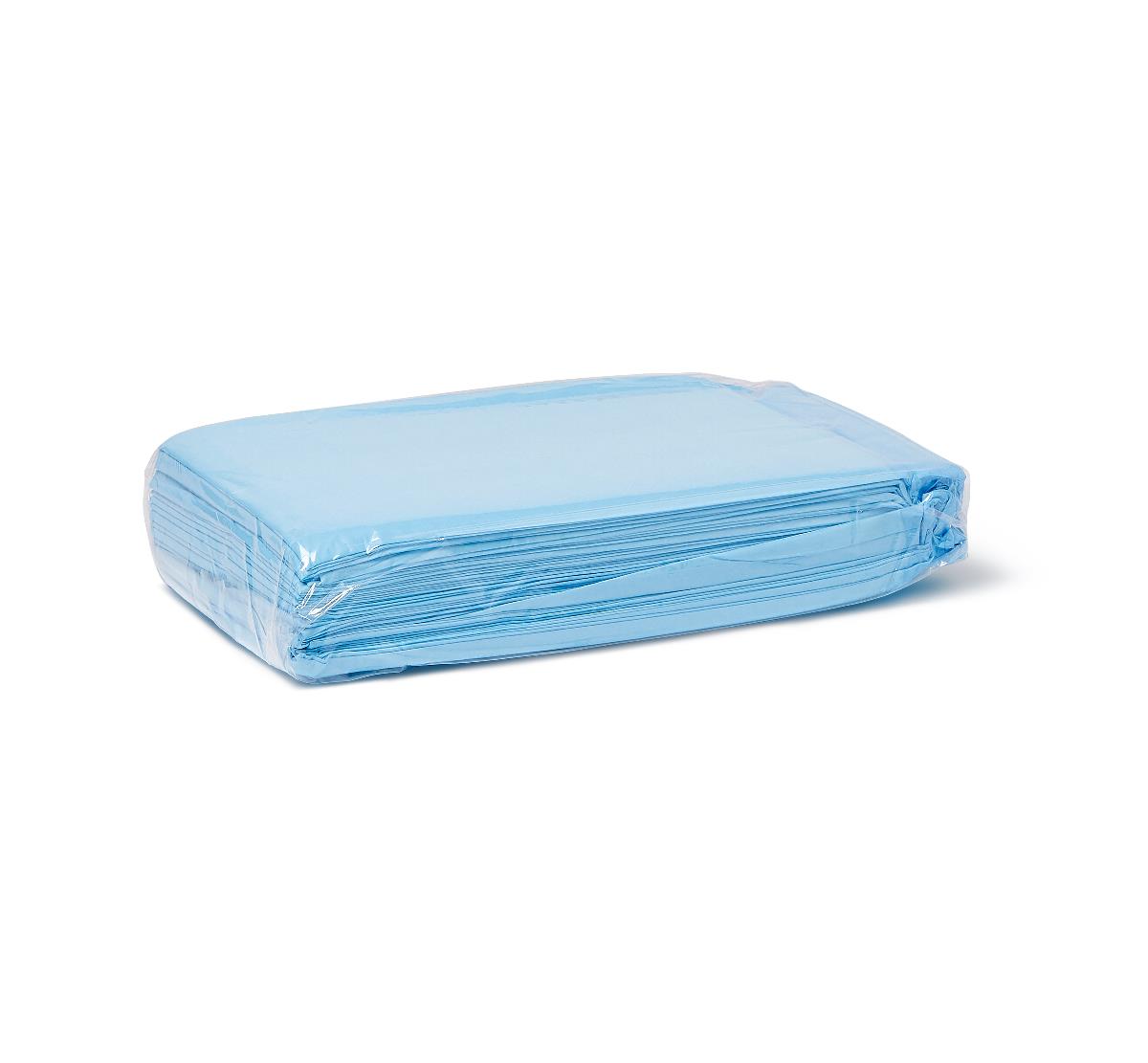 Disposable underpads stacked and wrapped in clear plastic, light blue color, on a white background