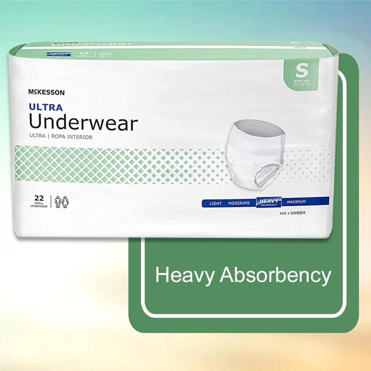 McKesson Ultra pull-on absorbent underwear package, size small, heavy absorbency, 22 count, with green and white packaging