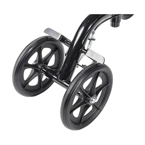 Knee walker front wheel assembly with dual black spoke wheels, black frame, spring suspension, and silver footrest bracket