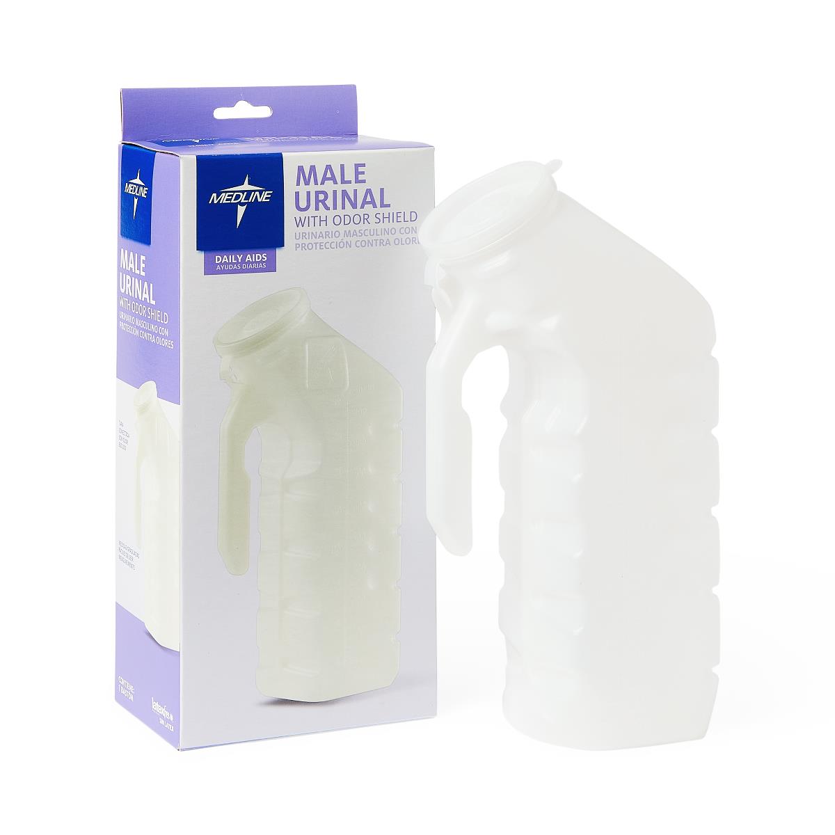 Male urinal with glow-in-the-dark lid beside its purple and white retail box, shown on white background