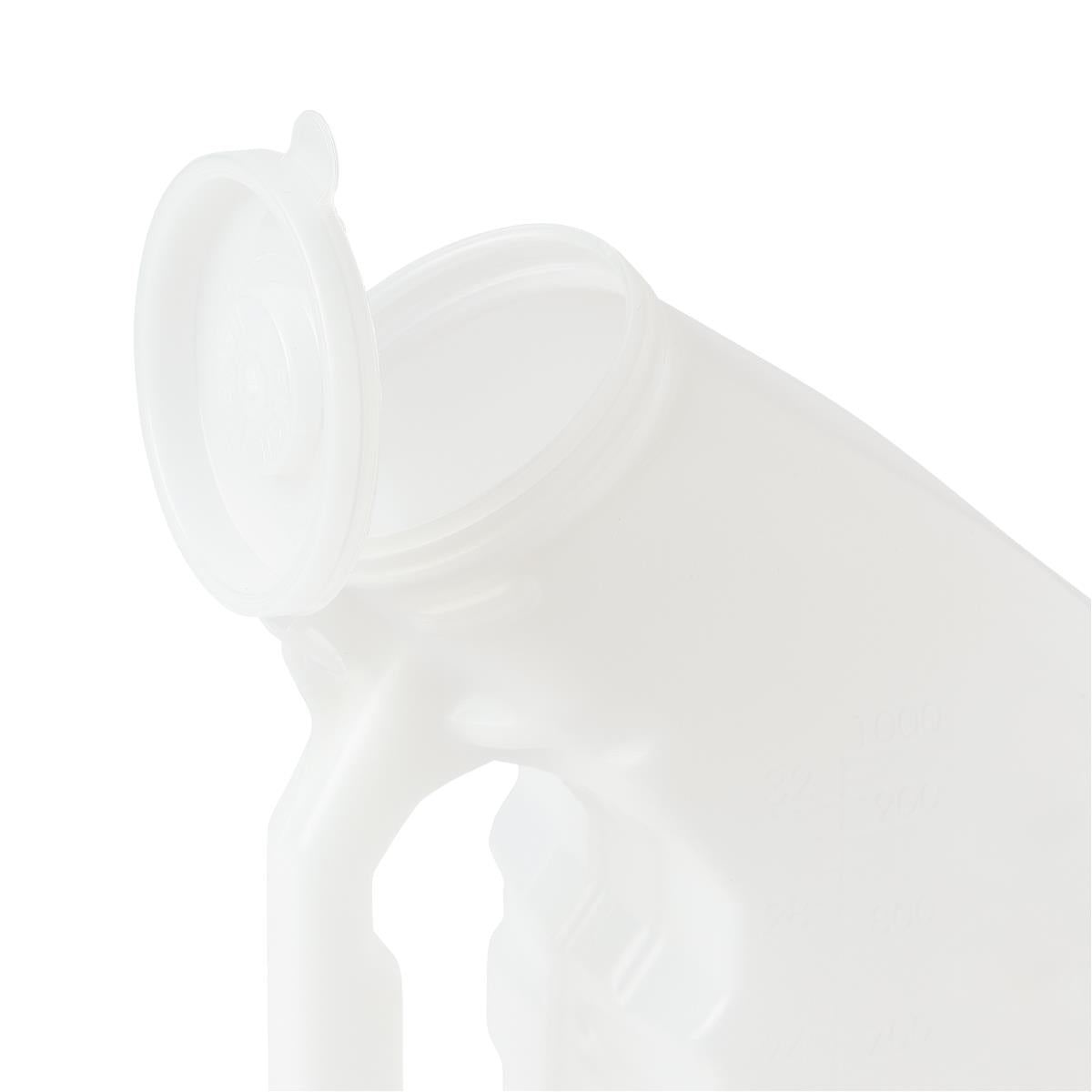 Male urinal with translucent plastic body, side handle, and open glow-in-the-dark lid shown from above