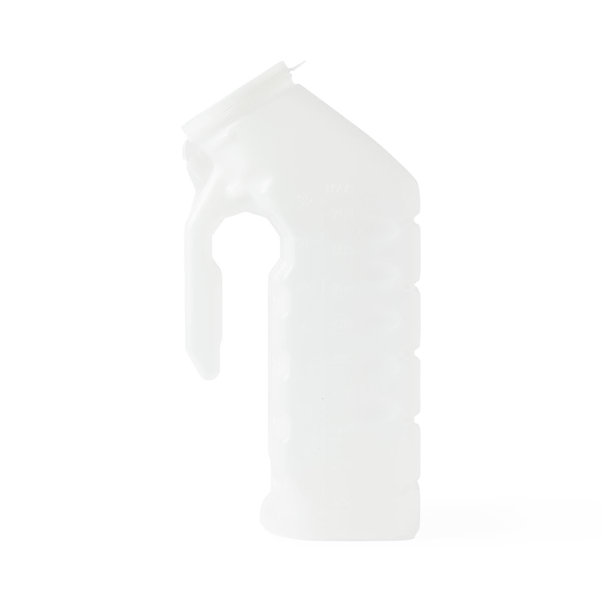 Male urinal with glow-in-the-dark lid, white translucent plastic with handle and measurement markings
