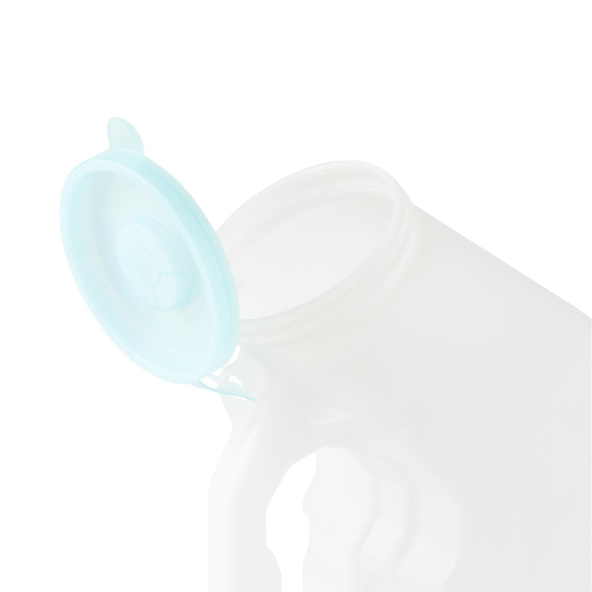 Urinal with open light blue glow-in-the-dark lid, clear plastic body with handle, close-up top view