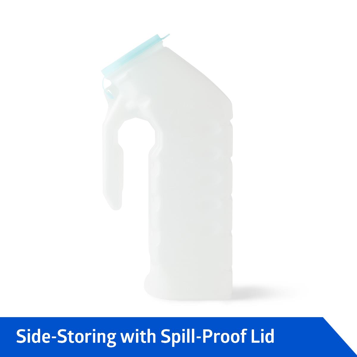 Urinal with glow-in-the-dark spill-proof lid, translucent white plastic with handle, shown upright on white background