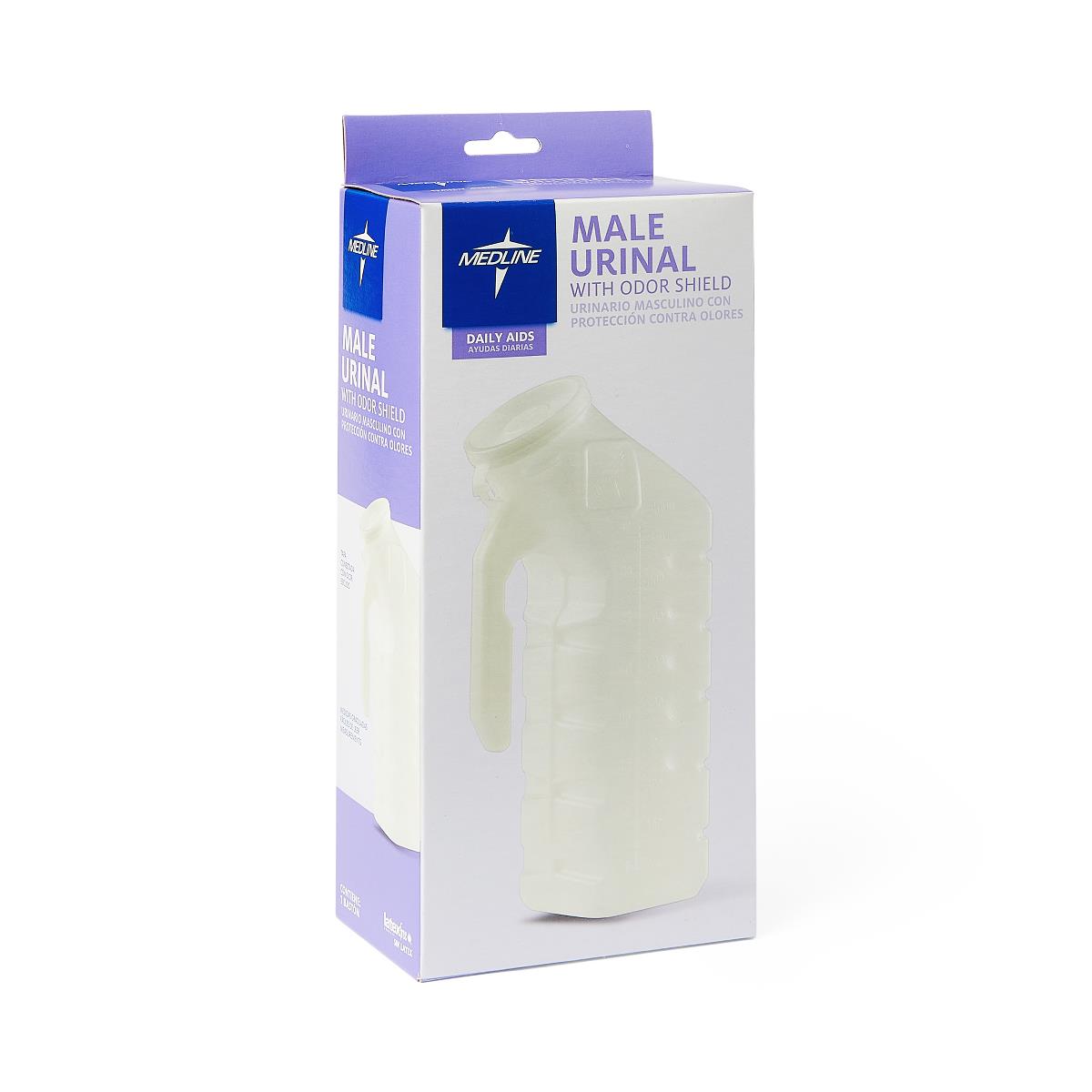 Male urinal with glow-in-the-dark lid in purple and white Medline packaging with odor shield label