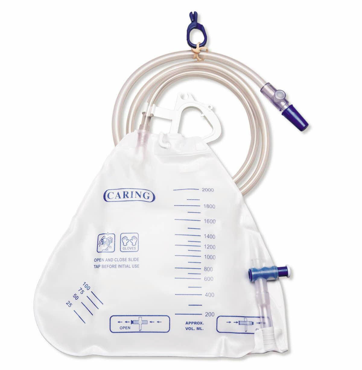 Urinary drainage bag with anti-reflux valve, measuring tube, slide tap, and hanger clip, graduated to 2000mL