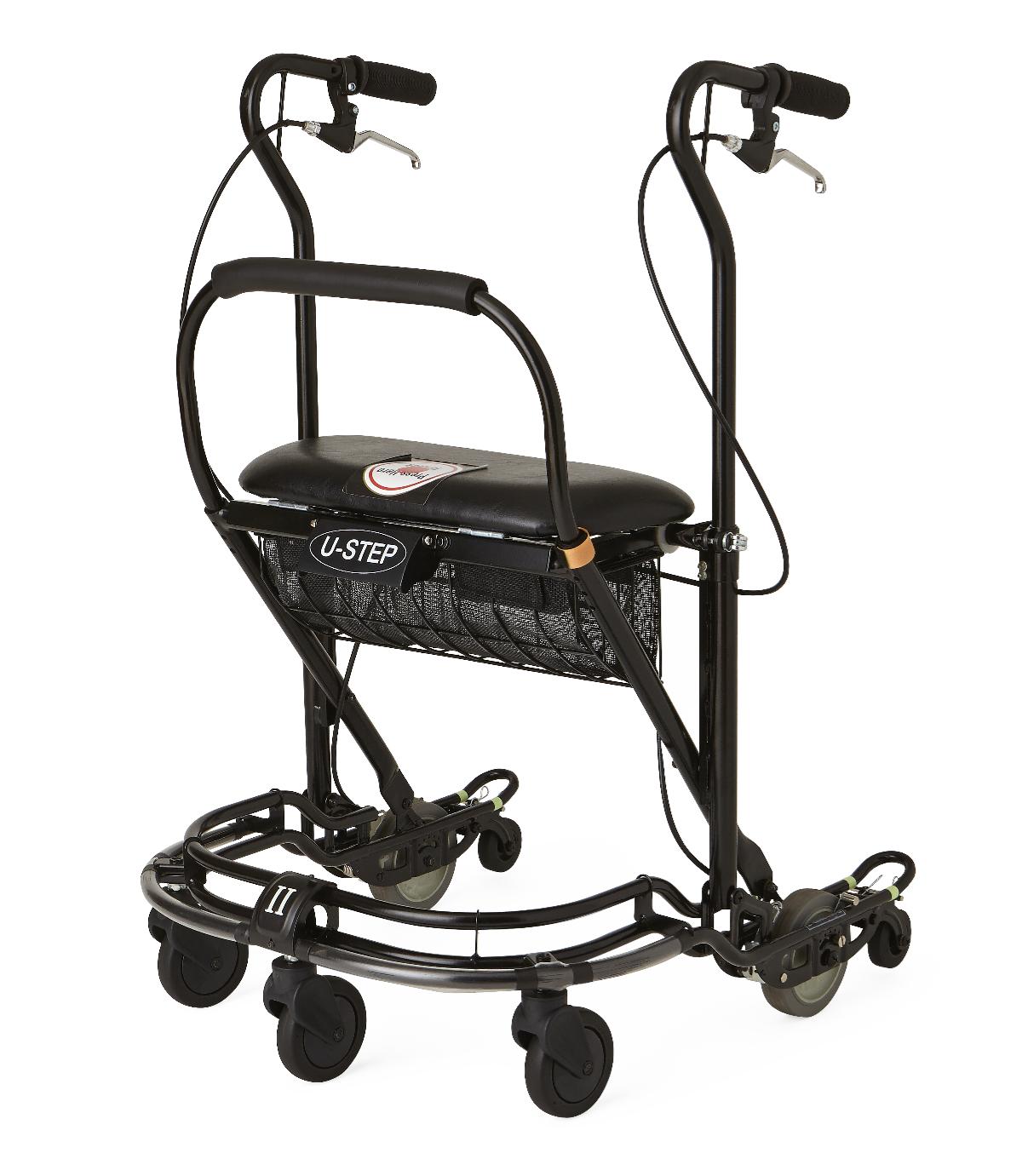 U-Step II rollator walker in black with six wheels, hand brakes, padded seat, back support, and mesh storage basket