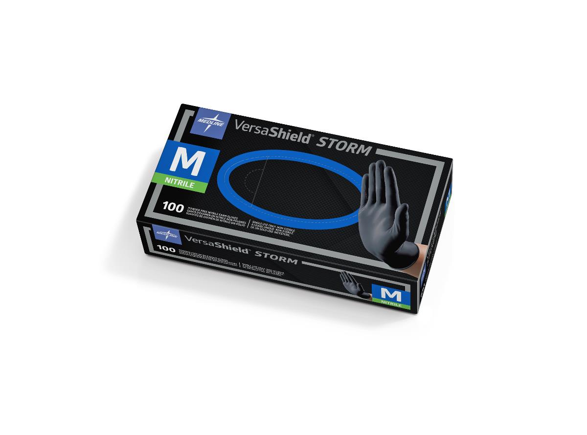 Nitrile exam gloves box labeled VersaShield Storm, medium size, 100 count, black with blue accents, showing a black glove