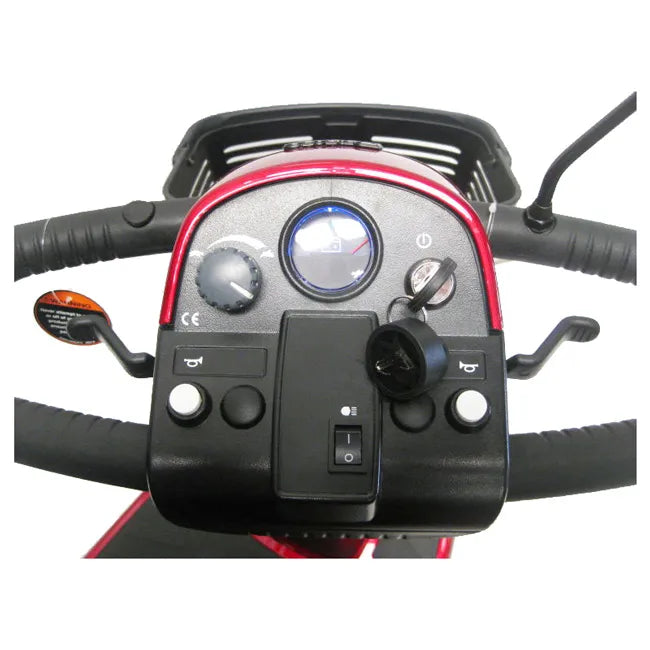 Power mobility scooter tiller control panel with speed dial, battery gauge, key switch, and handlebar grips in red and black