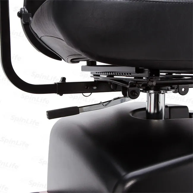 Three-wheel mobility scooter seat assembly showing black vinyl seat, swivel mechanism, and adjustment hardware from below