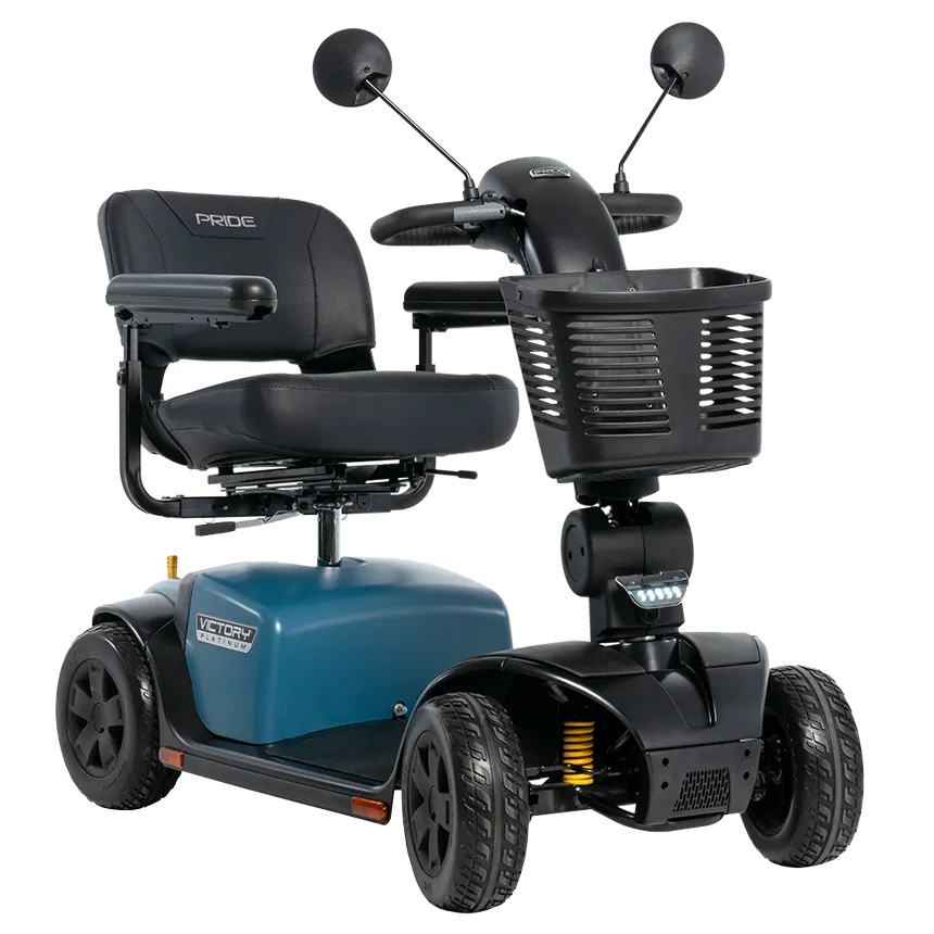 Pride Victory Platinum 4-wheel mobility scooter in blue with black captain seat, dual mirrors, front basket, and LED
