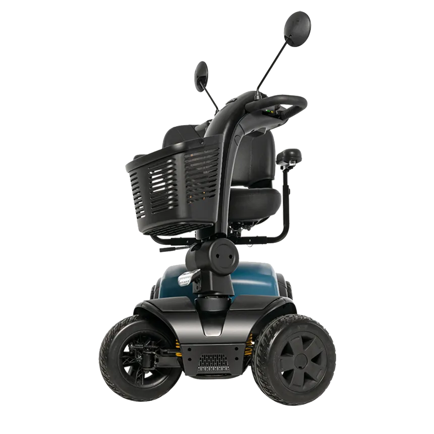 Pride Victory Platinum 4-wheel mobility scooter in teal with black seat, rear basket, dual mirrors, and large all-terrain