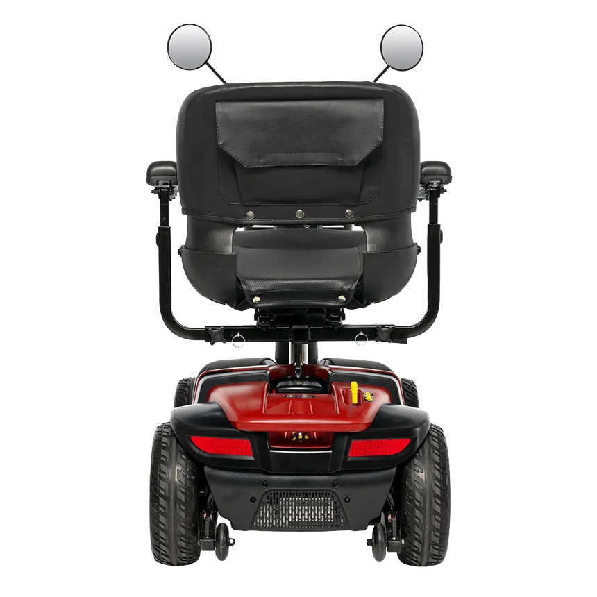 Pride Victory Platinum 4-wheel mobility scooter, rear view, with black padded seat, two round mirrors, and red body panel