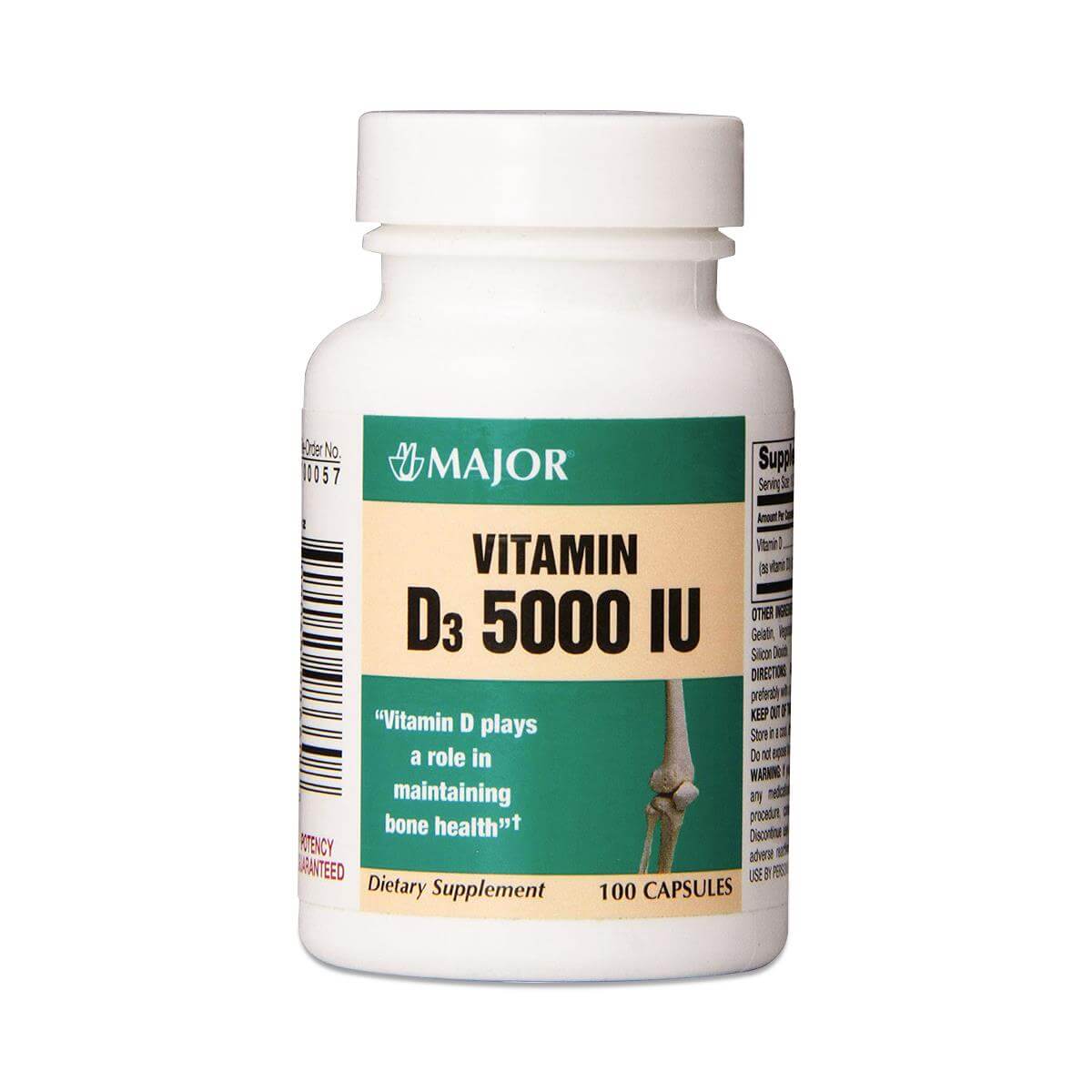 Vitamin D3 5000 IU dietary supplement bottle by Major, 100 capsules, with teal and beige label on white background